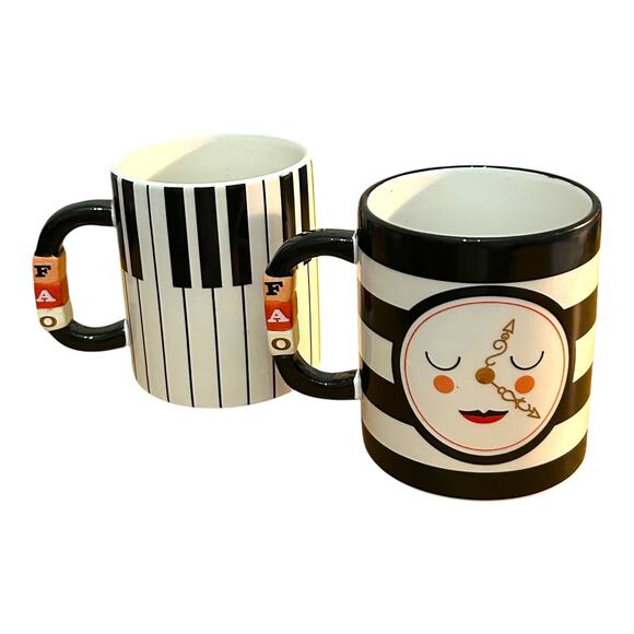 FAO Schwarz Collectible Mugs Set Piano Keys Clock Face Black and White Stripes - Picture 1 of 5